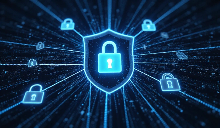 Abstract illustration of cyber security, with a shield icon protecting digital data streams and padlock symbols.